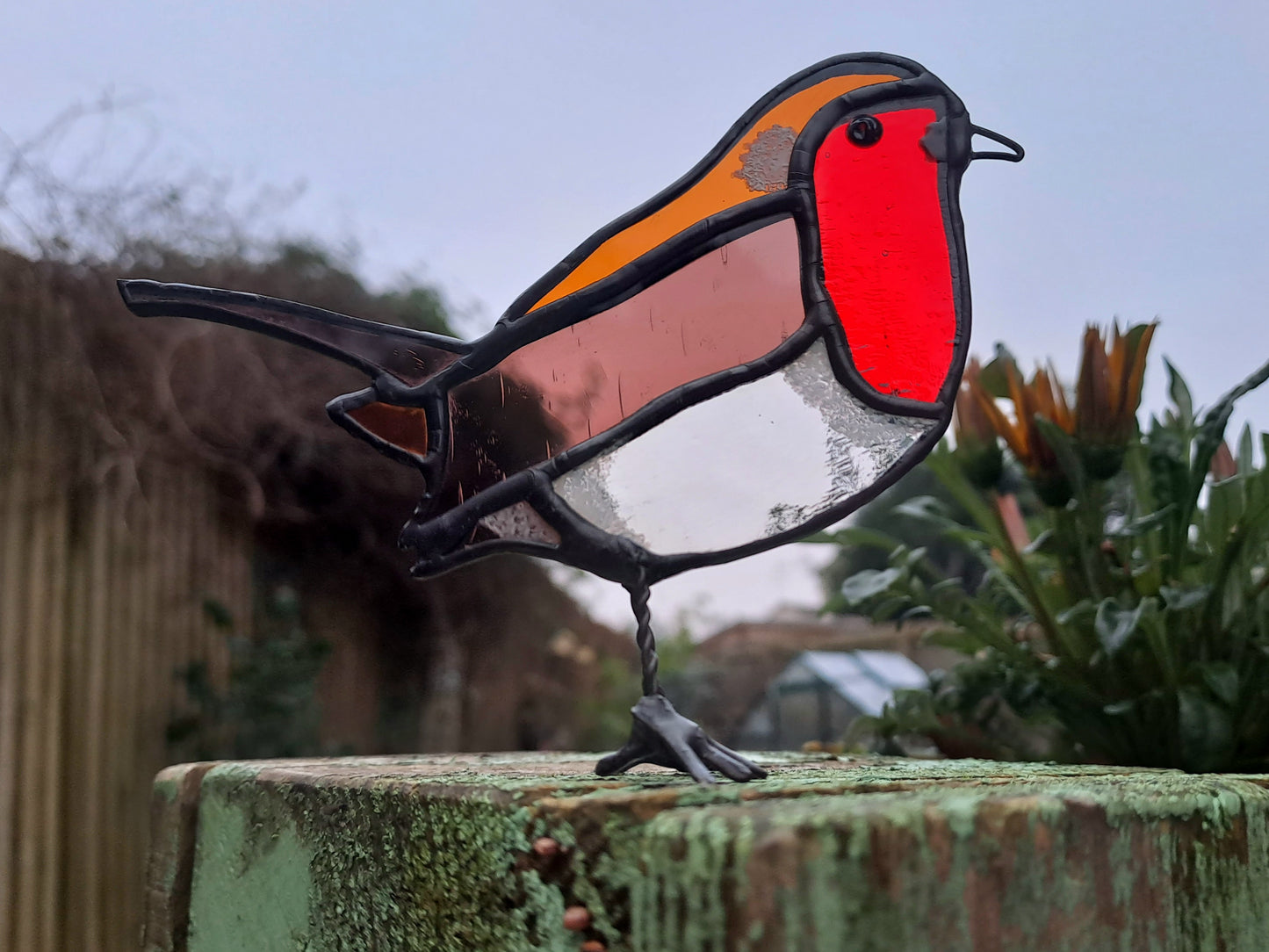 Stained Glass Robin Suncatcher, Free Standing UK Garden Bird, Unique Gift Hand Painted Window Decor Friendship Tiffany Technique