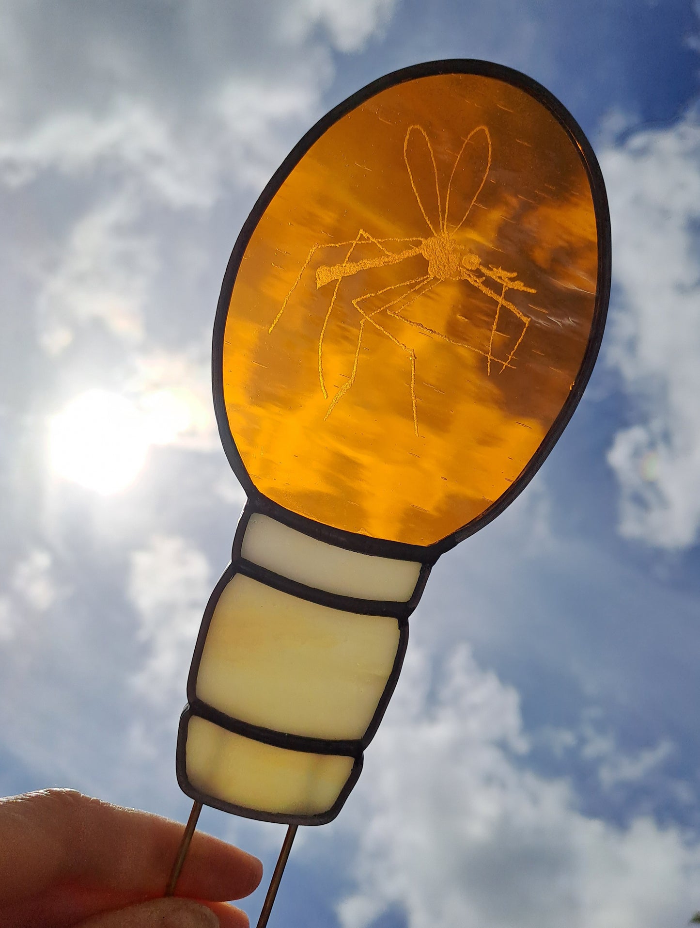 Jurassic Park Inspired Stained Glass 'Mosquito in Amber' Plant Stake Suncatcher - John Hammond Walking Stick Cane, Handmade Dinosaur Gift