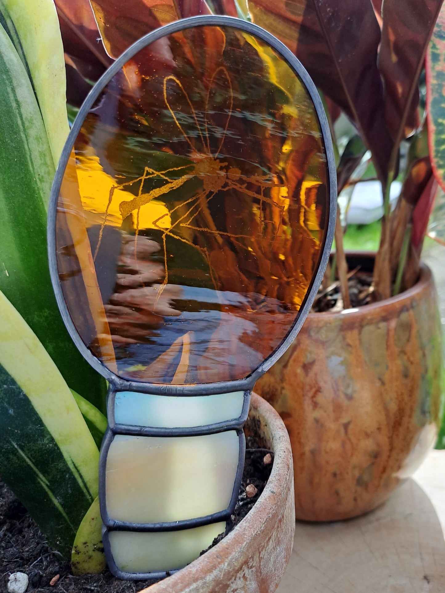 Jurassic Park Inspired Stained Glass 'Mosquito in Amber' Plant Stake Suncatcher - John Hammond Walking Stick Cane, Handmade Dinosaur Gift